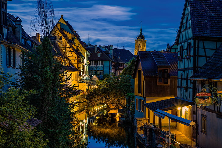 several brown houses, water, the city, lights, street, France, building, home, the evening, lighting, channel, Alsace, Colmar, HD wallpaper
