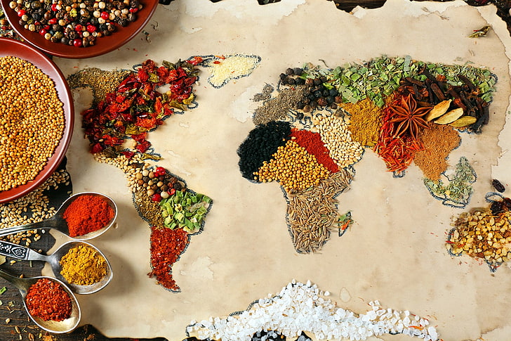 Mat, örter och kryddor, kryddor, världskarta, HD tapet