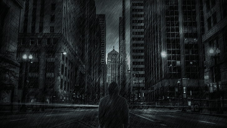 humor oscuro, hombre, lluvia, rascacielos, sudadera con capucha, vista posterior, hombres, Fondo de pantalla HD