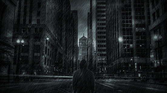 mörkt humör, man, regnar, skyskrapor, hoodie, bakifrån, män, HD tapet HD wallpaper