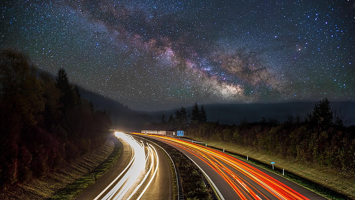 night, astro photography, long exposure, astronomy, darkness, photography, landscape, tree, phenomenon, long exposure photography, highway, infrastructure, road, atmosphere, sky, nature, traffic, night sky, starry sky, stars, starry, milky way, light trails, galaxy, HD wallpaper