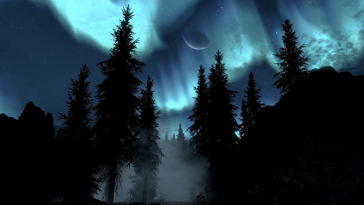 الأضواء القطبية ، الشفق القطبي ، الليل ، الضباب ، Skyrim، خلفية HD