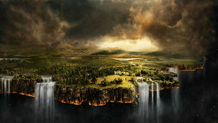 ภาพถ่ายมุมสูงของน้ำตกลดหลั่นศิลปะดิจิทัลธรรมชาติภูมิทัศน์น้ำตกอวกาศป่า, วอลล์เปเปอร์ HD