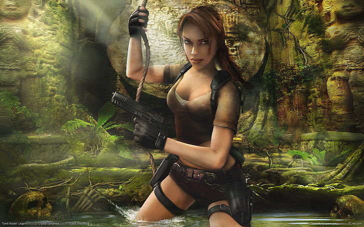 Tomb Raider Lara Croft digital wallpaper, girl, weapons, jungle, characters, skull, cave, guns, ruins, Lara Croft, statues, skulls, game wallpapers, Tomb raider, Tomb Raider: Legend, HD wallpaper