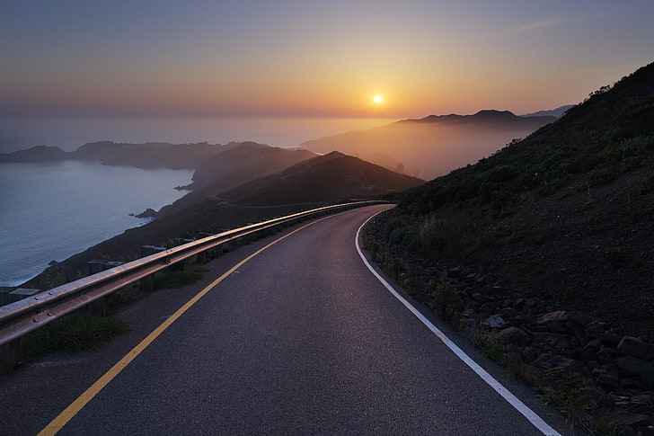 grey asphalt road, conzelman road, sunset, turning road, sea, HD wallpaper