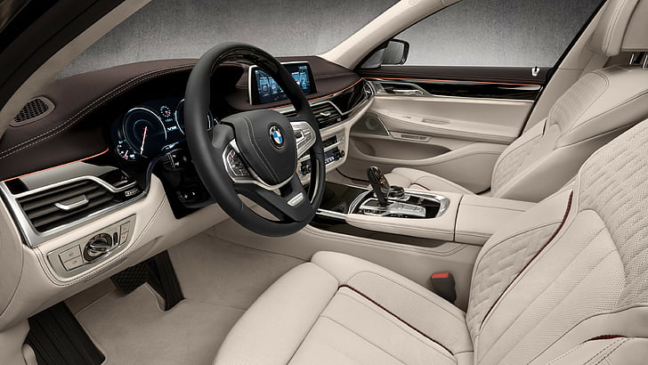 Setir hitam BMW dengan dua kursi mobil abu-abu, BMW M760Li xDrive, Geneva Motor Show 2016, interior, Wallpaper HD