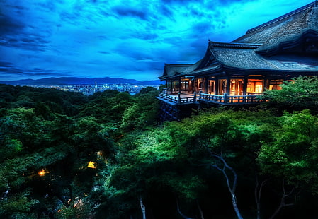 Templos, Arquitetura, Templo Budista, Japão, Kiyomizu-Dera, Kyoto, Noite, Otowa-san Kiyomizu-dera, Religiosa, Templo, Árvore, HD papel de parede HD wallpaper