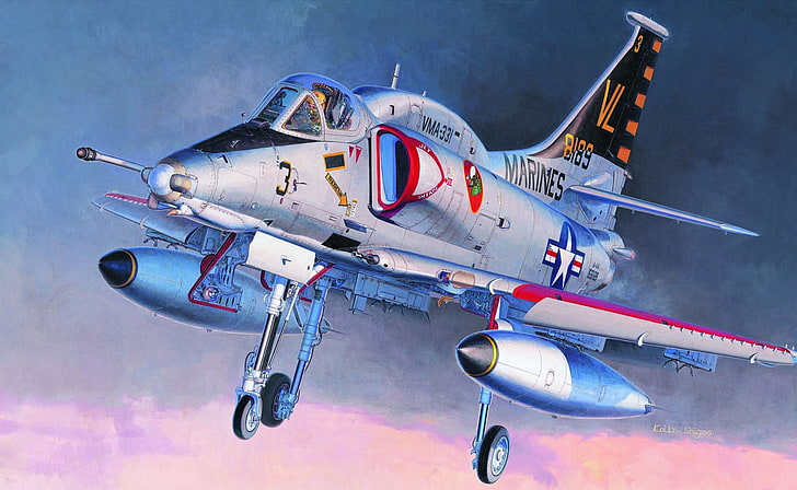 o avião, arte, artista, Douglas, Douglas A-4 Skyhawk, Koike Shigeo., A-4 Skyhawk, aeronave de ataque americana baseada em porta-aviões, desenvolvida em 1950, HD papel de parede