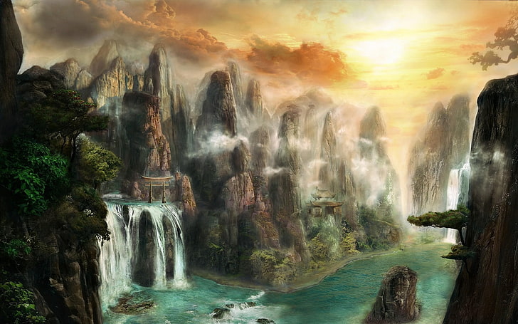 Kunstwerk, Fantasiekunst, Fluss, Wasserfall, Berge, asiatische Architektur, HD-Hintergrundbild