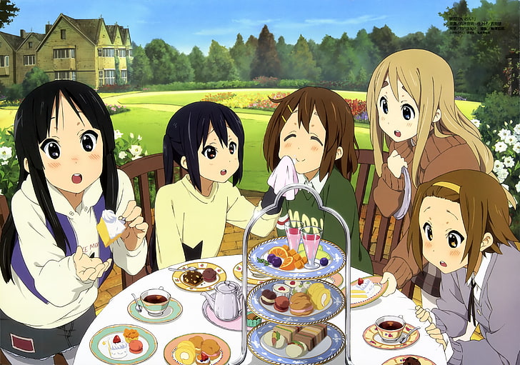 five women eating outside wallpaper, k-on, girls, table, treats, HD wallpaper