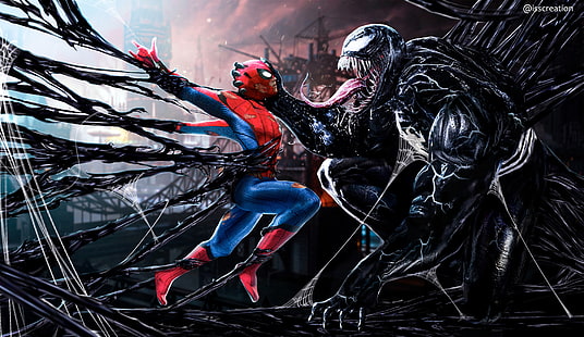spiderman, venom, hd, digital art, artwork, artsuperheroes, supervillain, artstation, HD wallpaper HD wallpaper