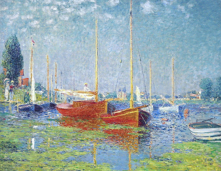 bateaux près des arbres et des bâtiments en train de peindre, paysage, tableau, Claude Monet, Argenteuil.Yachts, Fond d'écran HD