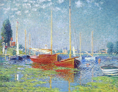 Лодки возле деревьев и зданий, живопись, пейзаж, картина, Клод Моне, Аржантей.Яхты, HD обои HD wallpaper