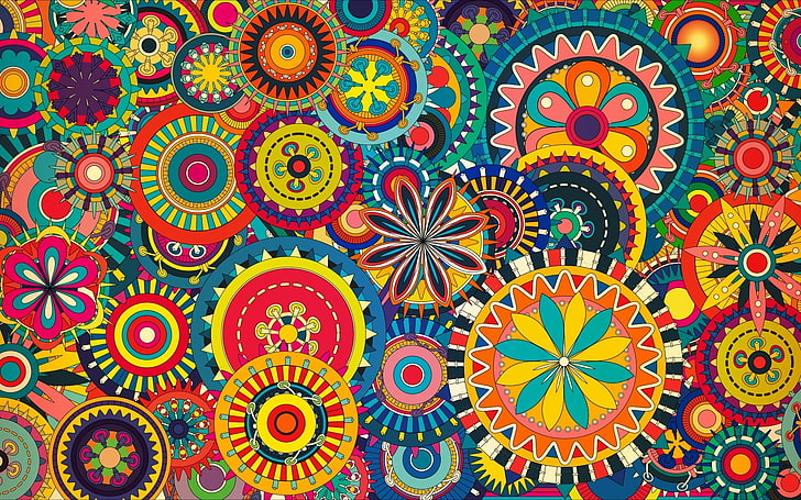 seni bunga warna-warni, berwarna-warni, seni digital, geometri, lingkaran, simetri, bunga, pola, psychedelic, segitiga, abstrak, Wallpaper HD