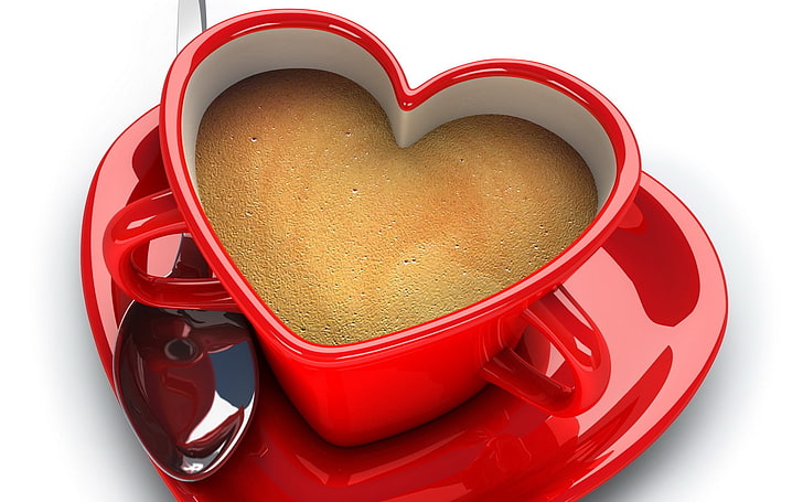 mug jantung keramik merah, suasana hati, kopi, piring, sendok, mug, piring, latar belakang putih, merah, hati, cangkir dalam bentuk hati, Wallpaper HD