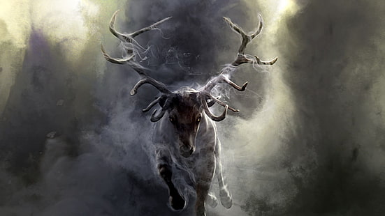 white and black deer illustration, deer, smoke, run, horns, HD wallpaper HD wallpaper