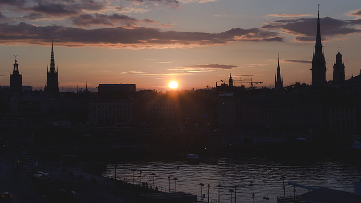 Stoccolma, città, Svezia, tramonto, nuvole, chiesa, strada, acqua, Sfondo HD