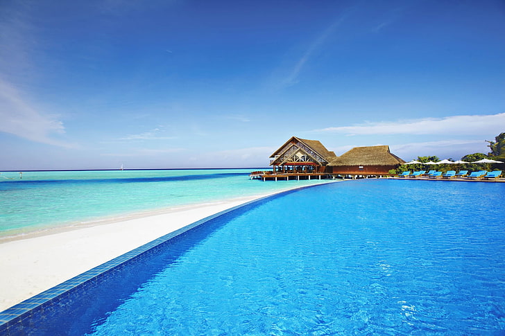 casa marrón, horizonte, casa, mar, piscina, tropical, Maldivas, Fondo de pantalla HD