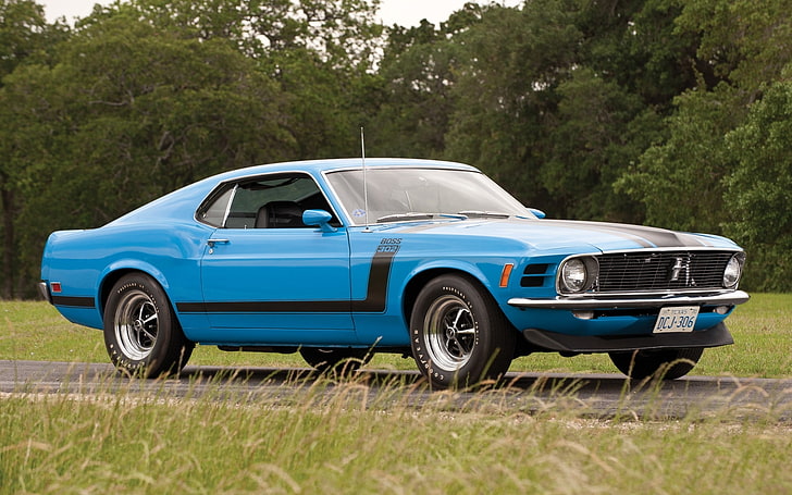 blue Ford Mustang coupe, road, blue, Mustang, Ford, Boss 302, 1970, the front, Muscle car, Boss, HD wallpaper