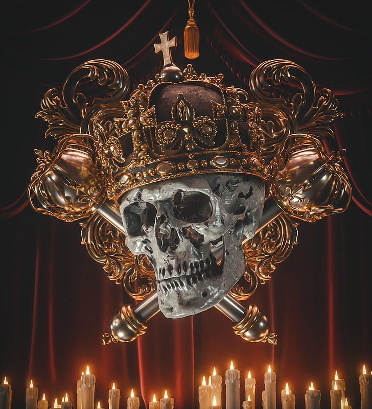 billelis, dark, religion, death, skull, gold, red, HD wallpaper