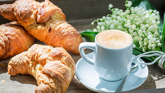 breakfast, food, brunch, baked goods, croissant, coffee cup, cup, pastry, finger food, coffee, cappuccino, lily of the valley, bakery, HD wallpaper HD wallpaper