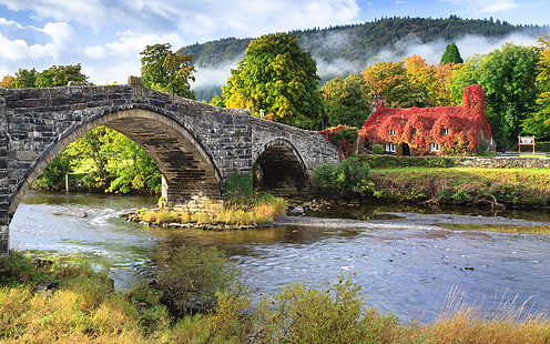 серый бетонный мост, Уэльс, Великобритания, пейзаж, природа, река, мост, камни, HD обои HD wallpaper