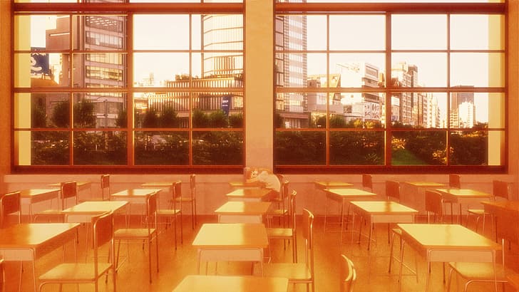 classroom, sleeping, resting head, afternoon, city, window, anime girls, desk, HD wallpaper