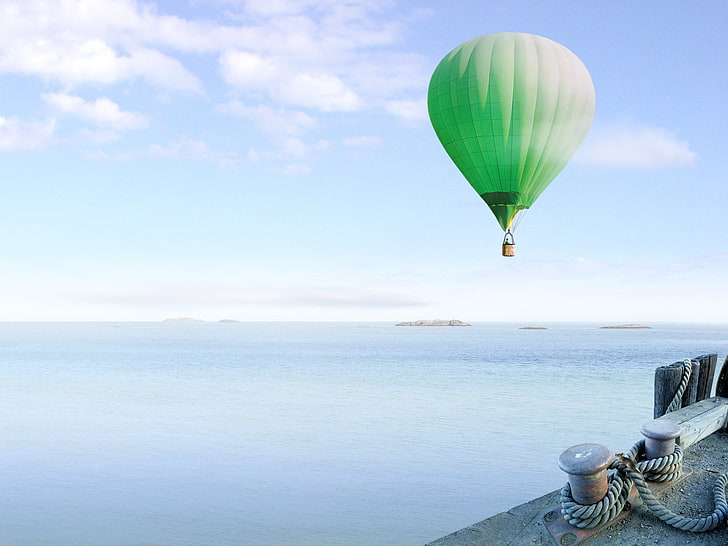 зелен балон с горещ въздух, море, балон, HD тапет