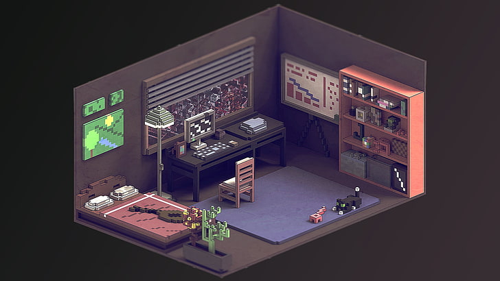 black furniture bedroom set, voxels, room, HD wallpaper