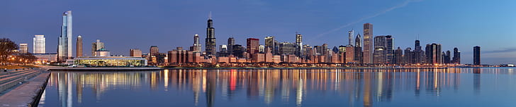 şehir, üçlü ekran, Cityscape, Chicago, şehir ışıkları, Sears Kulesi, HD masaüstü duvar kağıdı