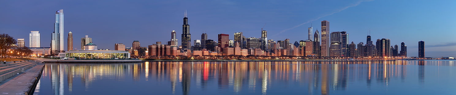 şehir, üçlü ekran, Cityscape, Chicago, şehir ışıkları, Sears Kulesi, HD masaüstü duvar kağıdı HD wallpaper