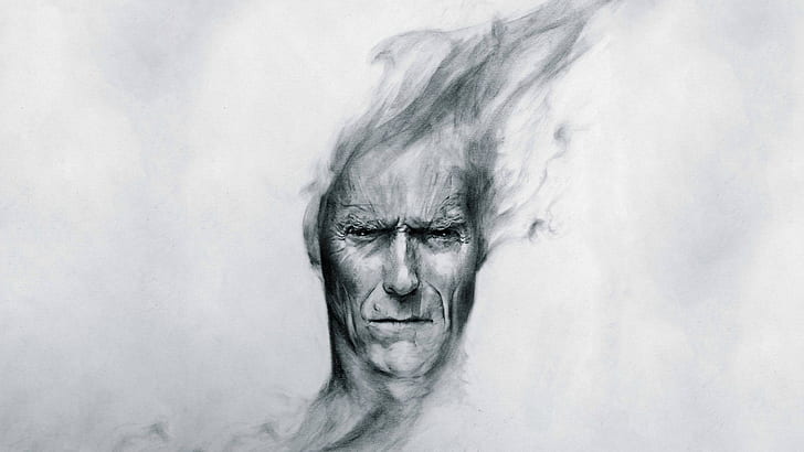 Clint Eastwood Vanishing HD, ภาพร่างใบหน้าของผู้ชาย, Clint Eastwood, หายไป, เทา, เก่า, หายไป, ขาว, วอลล์เปเปอร์ HD