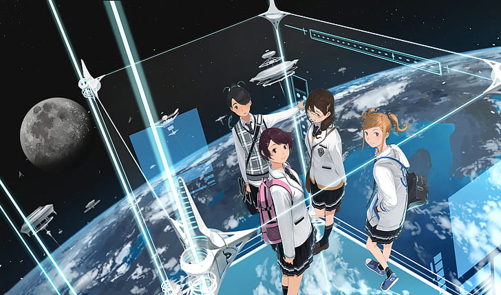 Anime, Original, Earth, Girl, Moon, Space, HD tapet | Wallpaperbetter