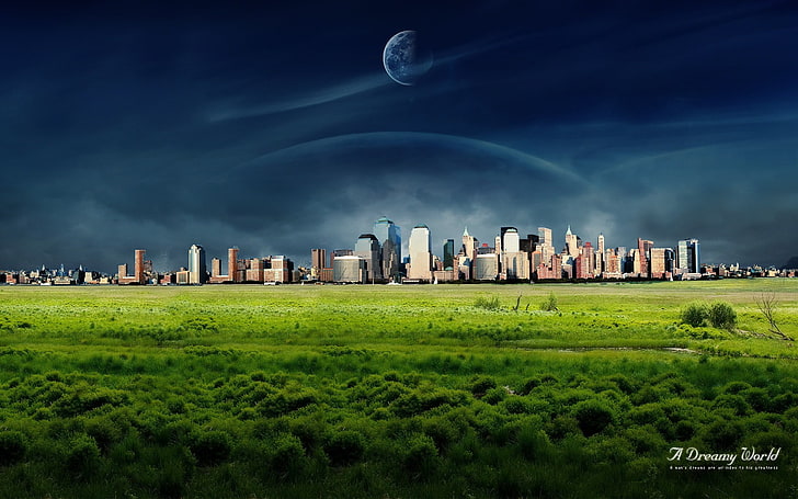 Dreamy World digital wallpaper, grass, the city, planet, Dreamy World, HD wallpaper