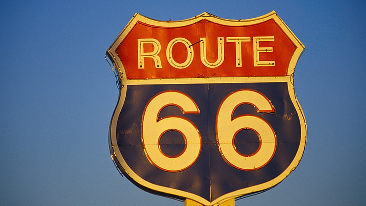 국도 66, 표지판, 간단한 배경, 숫자, 파란색 배경, HD 배경 화면