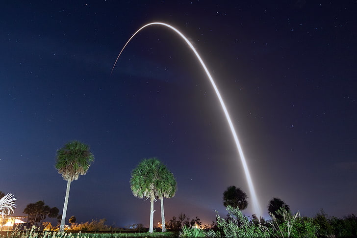 planta de hoja verde, SpaceX, cohete, fotografía, larga exposición, noche, Fondo de pantalla HD