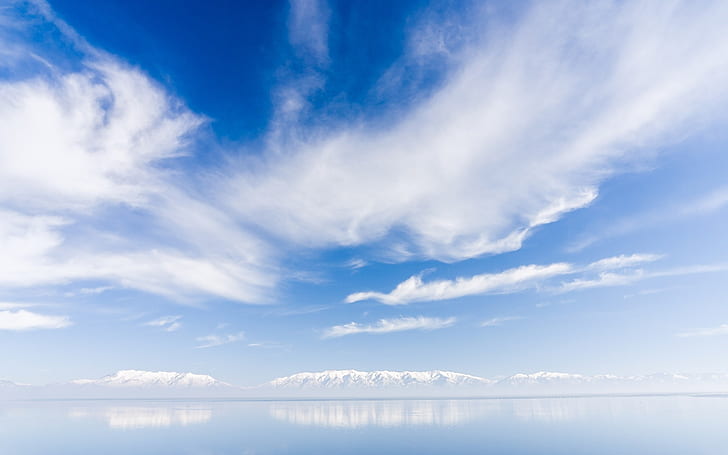 clouds, dream, haze, lakes, mountains, ocean, reflection, snow, HD wallpaper