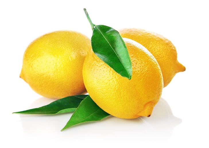 Tres limones amarillos maduros, limón, hoja, fondo blanco., Fondo de pantalla HD
