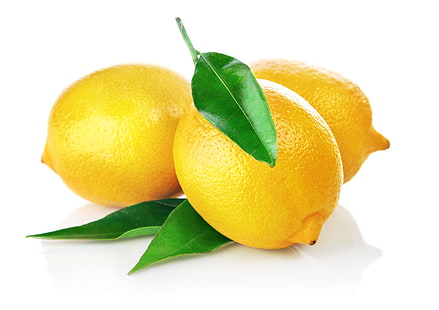 three ripe yellow lemons, lemon, leaf, white background, HD wallpaper HD wallpaper