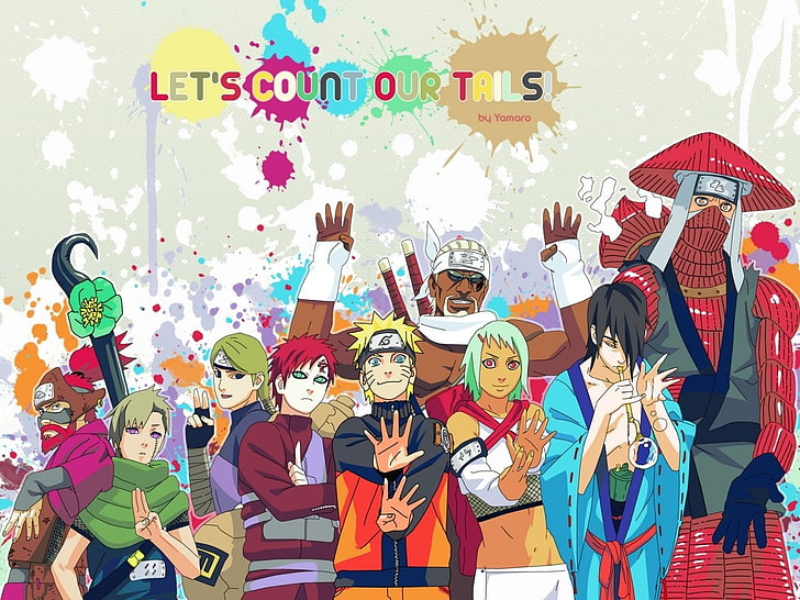 Naruto Shippuden illustration, Anime, Naruto, Fû (Naruto), Gaara (Naruto), Killer Bee (Naruto), Naruto Uzumaki, Roshi (Naruto), Utakata (Naruto), Yagura (Naruto), Yugito Nii, HD wallpaper