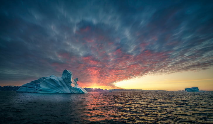 الأرض ، الجبل الجليدي ، السحب ، الأنهار الجليدية ، جرينلاند ، المحيط ، البحر ، الغروب، خلفية HD
