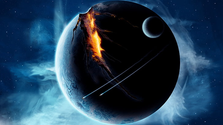 runder schwarzer Planet Wallpapeer, digitale Kunst, Raum, Universum, Raumschiff, Planet, Sterne, Nebel, futuristisch, Feuer, HD-Hintergrundbild