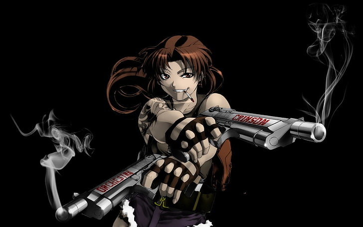 karakter wanita mengenakan tank top memegang wallpaper pistol, Black Lagoon, Revy, pistol, tentara bayaran, Wallpaper HD