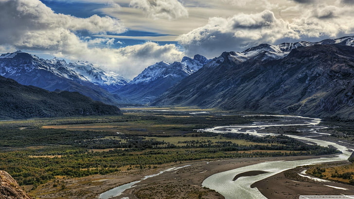 cumulus clouds, landscape, Argentina, Patagonia, national park, mountains, river, HD wallpaper