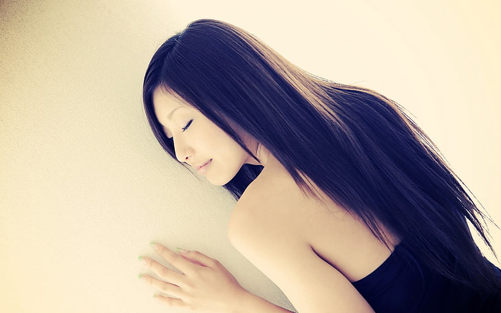 women's black strapless top, girl, asian, hair, soft, feminine, HD wallpaper