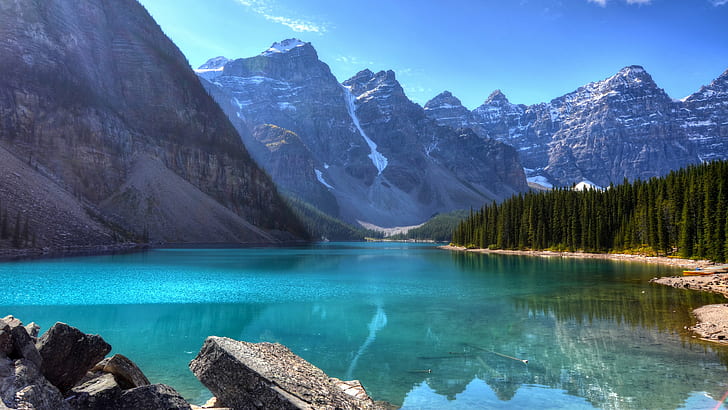 ทะเลสาบ, ทะเลสาบ Moraine, อัลเบอร์ตา, อุทยานแห่งชาติแบมฟ์, แคนาดา, เทือกเขาร็อกกี้ของแคนาดา, หน้าผา, ทะเลสาบ, ภูเขา, ภาพสะท้อน, วอลล์เปเปอร์ HD