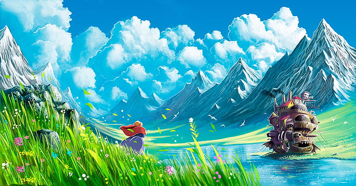 игра дигитален тапет, Studio Ghibli, движещият се замък на Howl's, планини, аниме, пейзаж, HD тапет