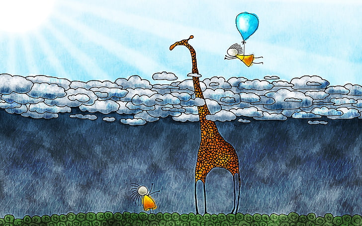жираф две момчета и облаци живопис, произведения на изкуството, аниме, облаци, балон, жирафи, дъжд, природа, животни, Vladstudio, деца, слънчеви лъчи, рисуване, летене, слънце, фентъзи изкуство, HD тапет
