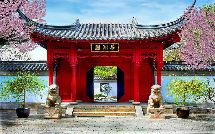 Puerta del templo, árboles, templo, religiosos, arquitectura, animales, Fondo de pantalla HD