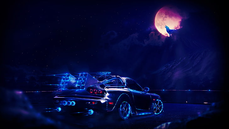 arte do carro preto, de volta ao futuro, máquina, lobo, noite, néon, Photoshop, Mazda RX-7, lua, névoa, montanhas, carro, HD papel de parede